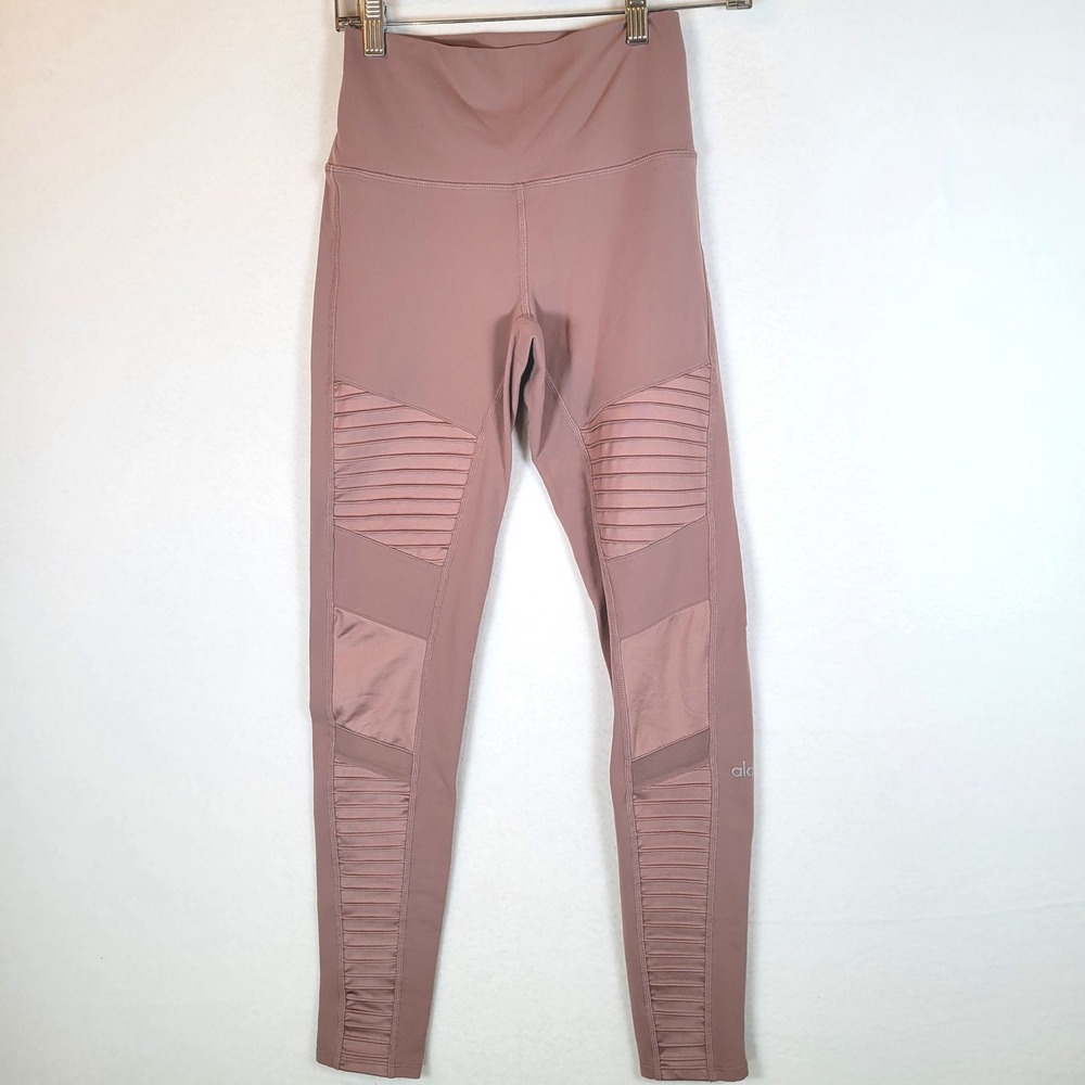 Alo Yoga Women High Waist Moto Mesh Panel Leggings Size Medium Mauve Pink Yoga